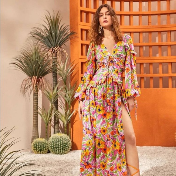 Floral Print Lantern Sleeve Split Thigh Dress - Picture 6 of 8